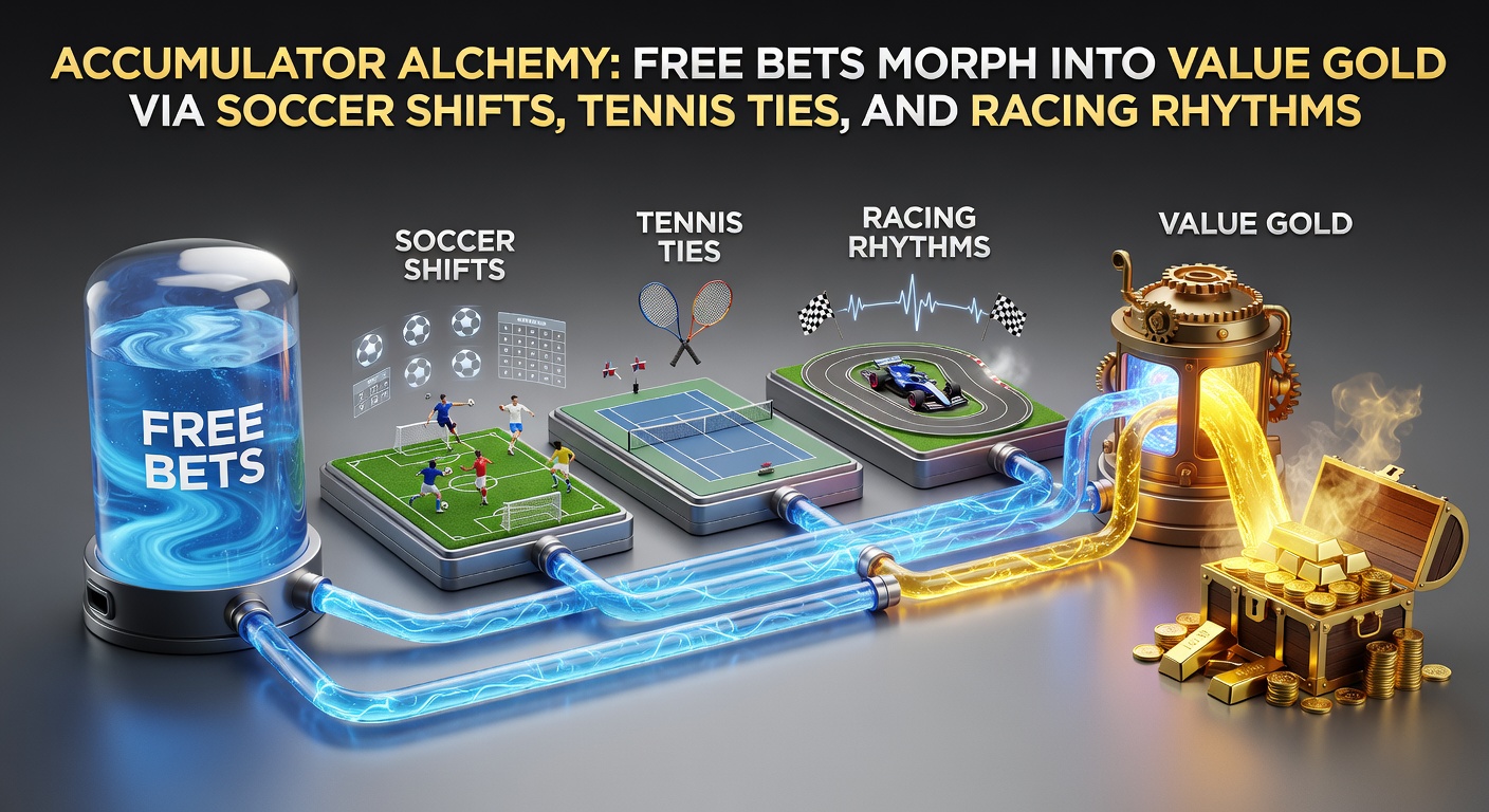 Dynamic graphic showing accumulator bets evolving from free bets amid soccer action, tennis rallies, and horse racing finishes
