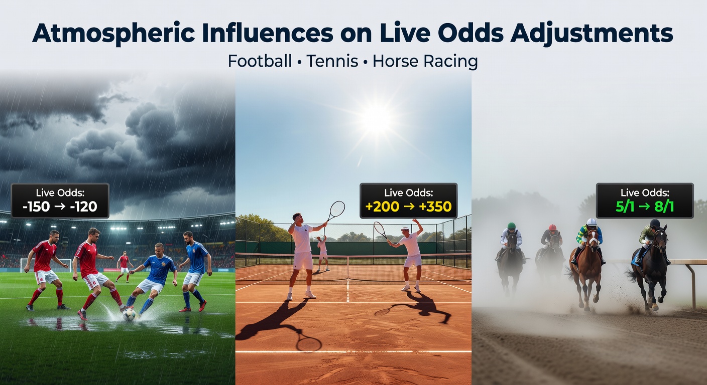 Weather data overlays on live football, tennis and horse racing odds screens showing atmospheric impact indicators