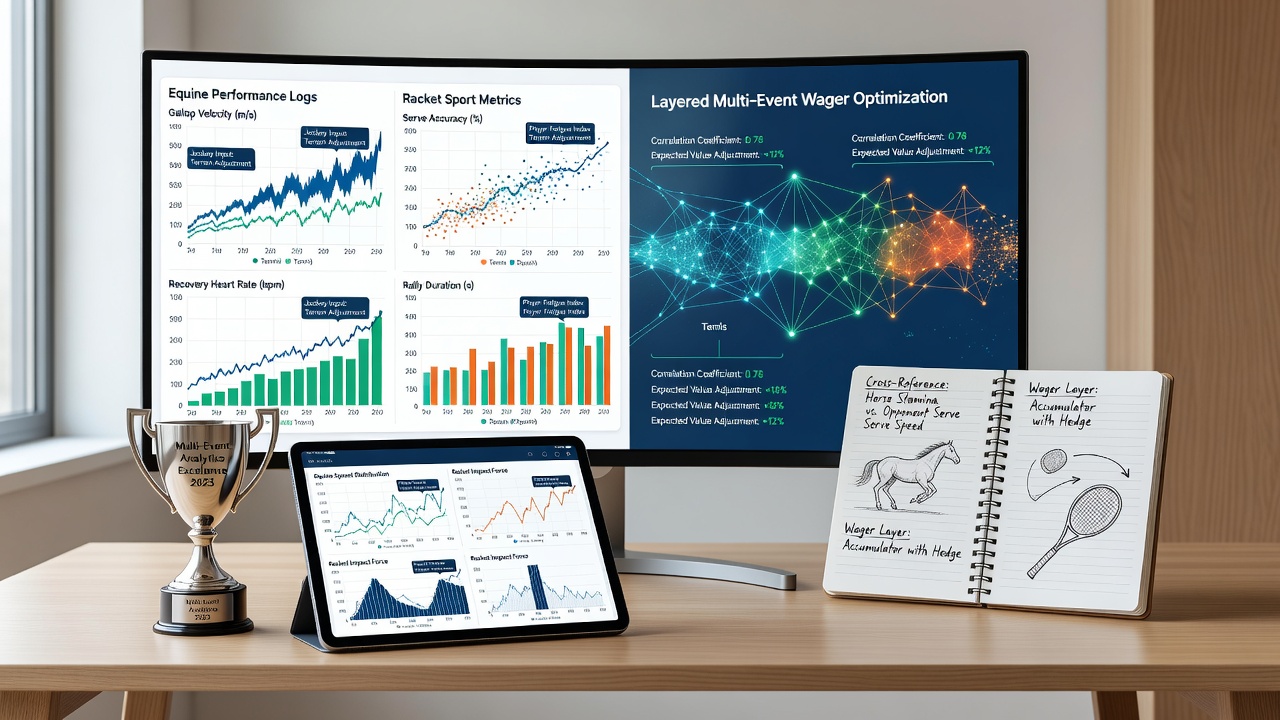 Equine performance logs displayed alongside tennis racket sport metrics on analytical dashboards for multi-event wager refinement