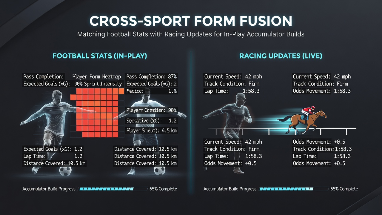 Football pitch statistics overlaying horse racing track updates on a digital betting interface