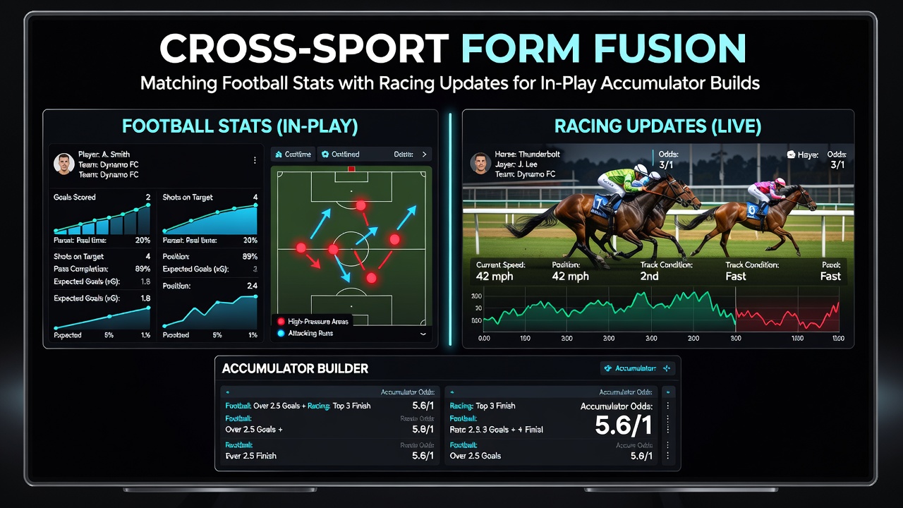 Split screen showing live football player stats next to horse racing pace figures during accumulator building