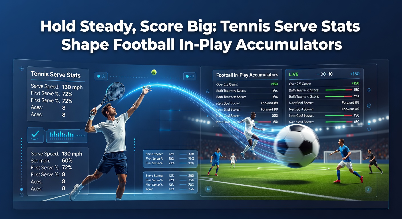 Tennis player serving on court with football stadium in background, illustrating crossover between serve stats and in-play football betting