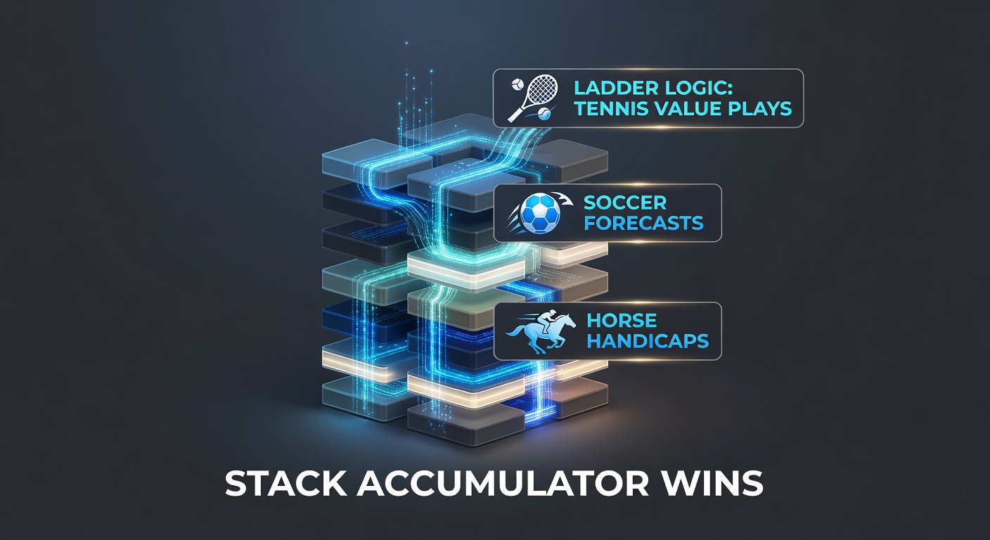 Digital illustration of a ladder ascending through tennis courts, soccer fields, and horse racing tracks, symbolizing stacked betting accumulators