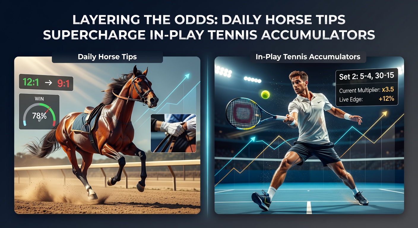 Dynamic in-play tennis rally overlaid with horse racing odds board, symbolizing layered accumulator strategies
