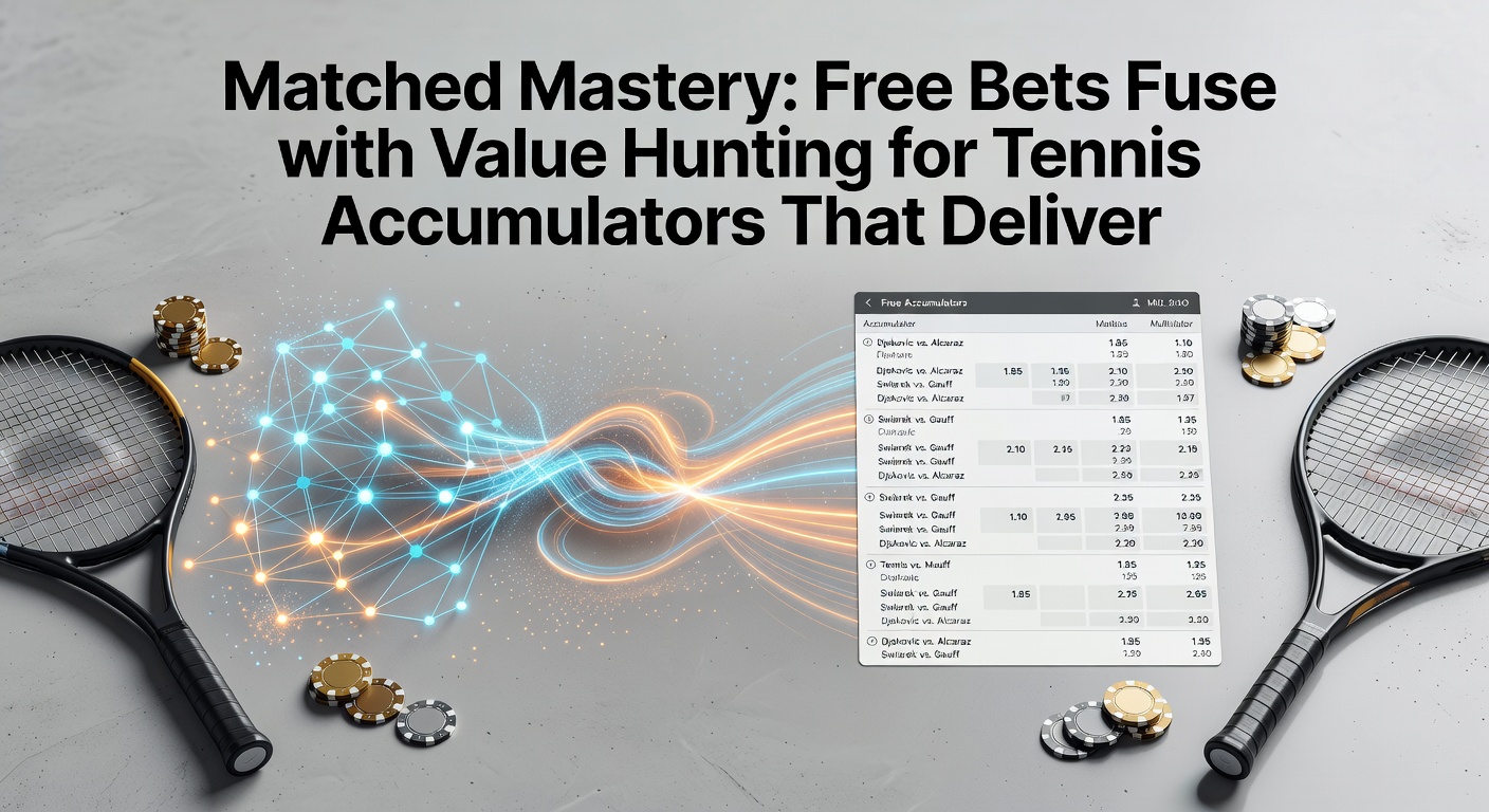 Diagram showing matched betting setup with back and lay bets on a tennis match, highlighting profit from free bet qualifiers