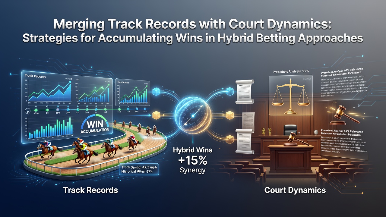 Horse racing track with overlaid tennis court lines illustrating hybrid betting data fusion