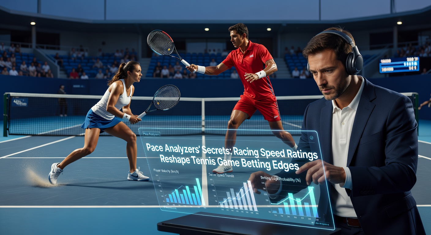 Graph showing pace analyzer data overlaid on a tennis court visualization, highlighting speed ratings from horse racing applied to player momentum