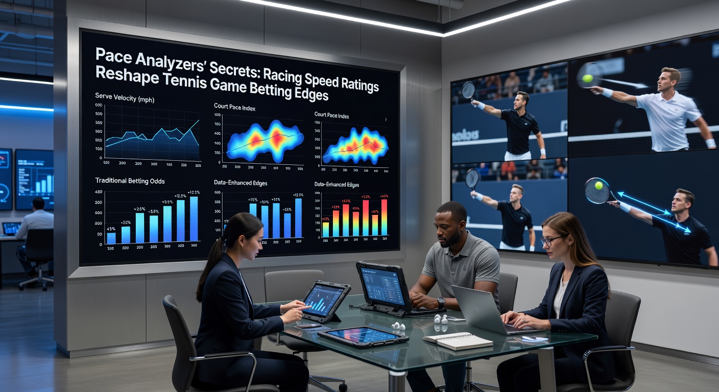 Tennis player mid-serve with overlaid pace analyzer graph comparing speed curves to a horse racing pace chart