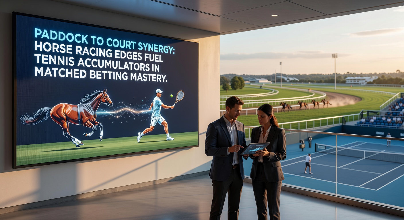 A vibrant scene capturing a horse in the paddock being inspected by trainers alongside a tennis player serving on court, symbolizing the fusion of racing and racket sports in betting strategies