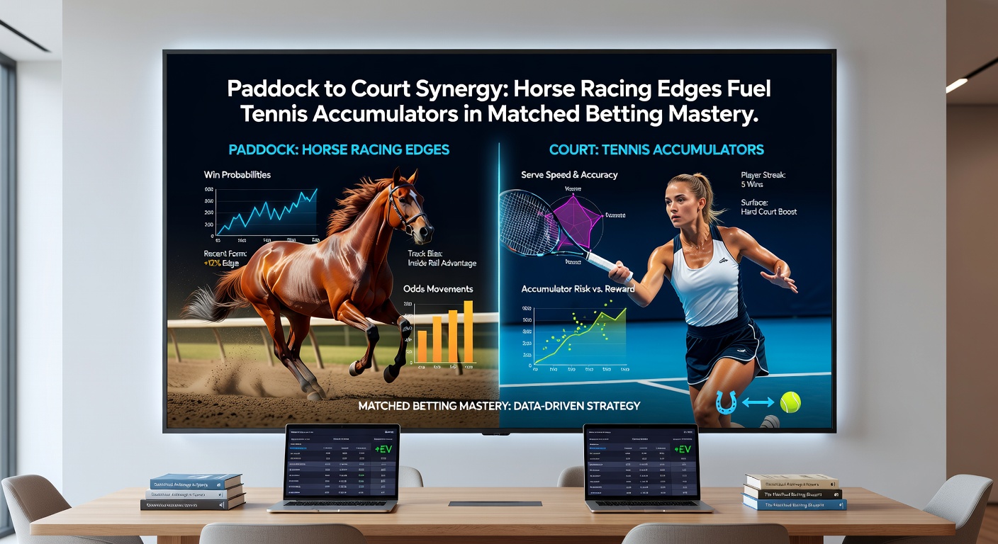 Dynamic split image showing a close-up of horse racing action in the paddock transitioning to a tennis rally, illustrating the strategic blend in matched betting setups