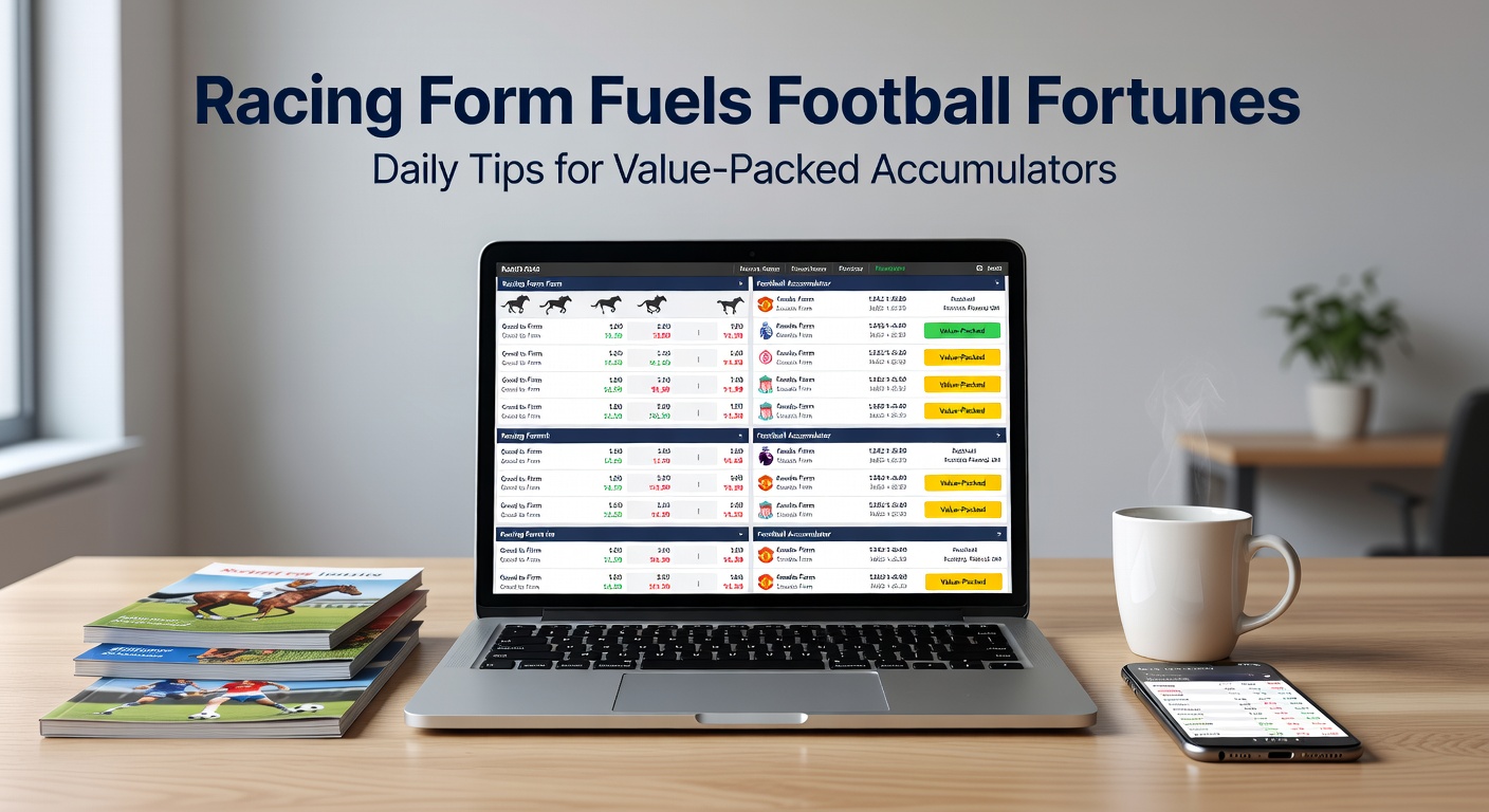 Football pitch graphic merged with horse racing starting gates, illustrating accumulator bet slips with highlighted value picks