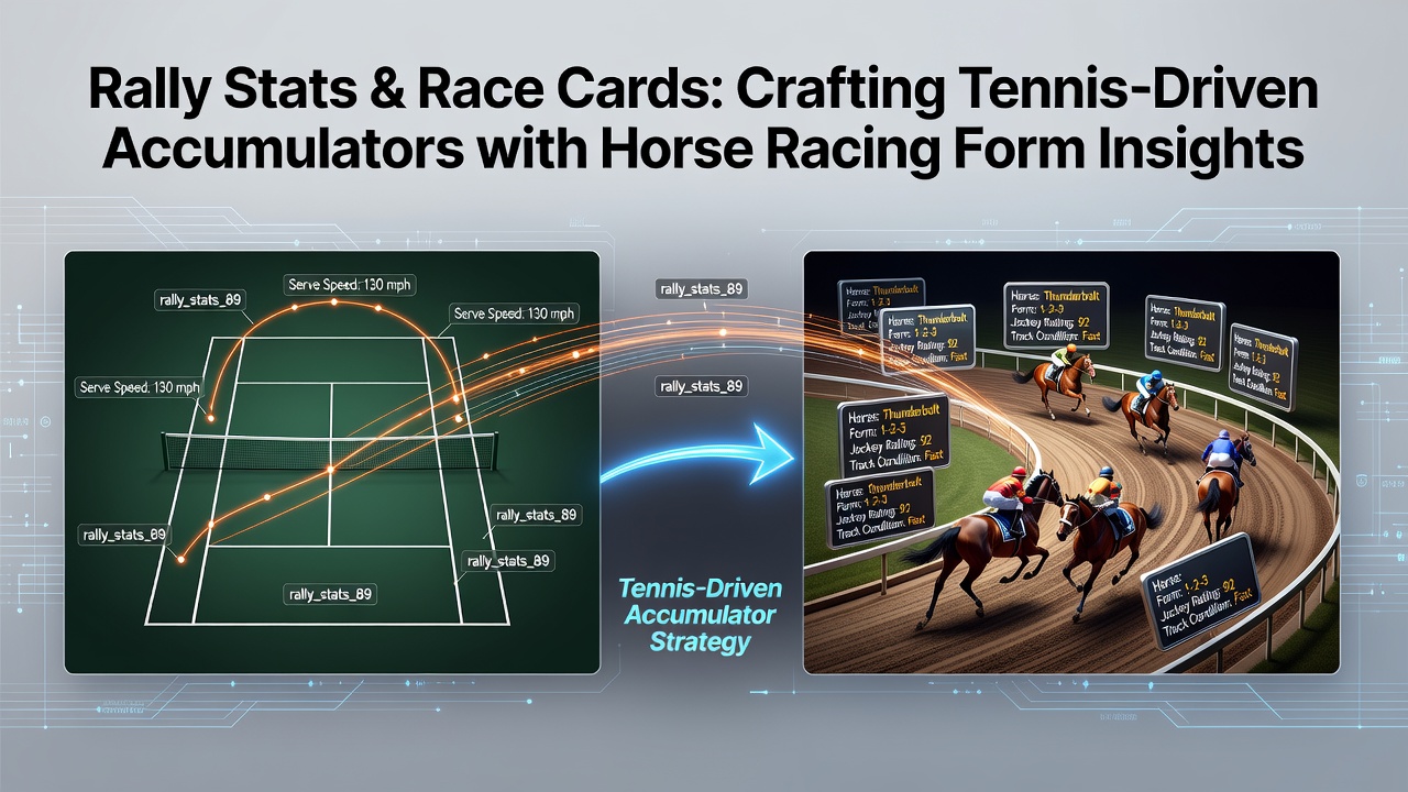 Tennis player in action during a rally alongside a horse racing form card showing detailed statistics