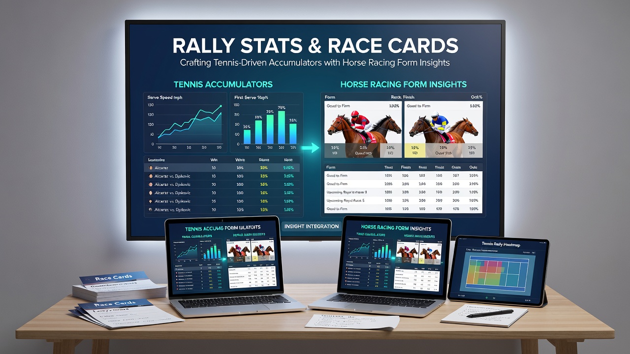 Detailed horse racing race card with form analysis next to tennis match statistics dashboard displaying rally and serve data
