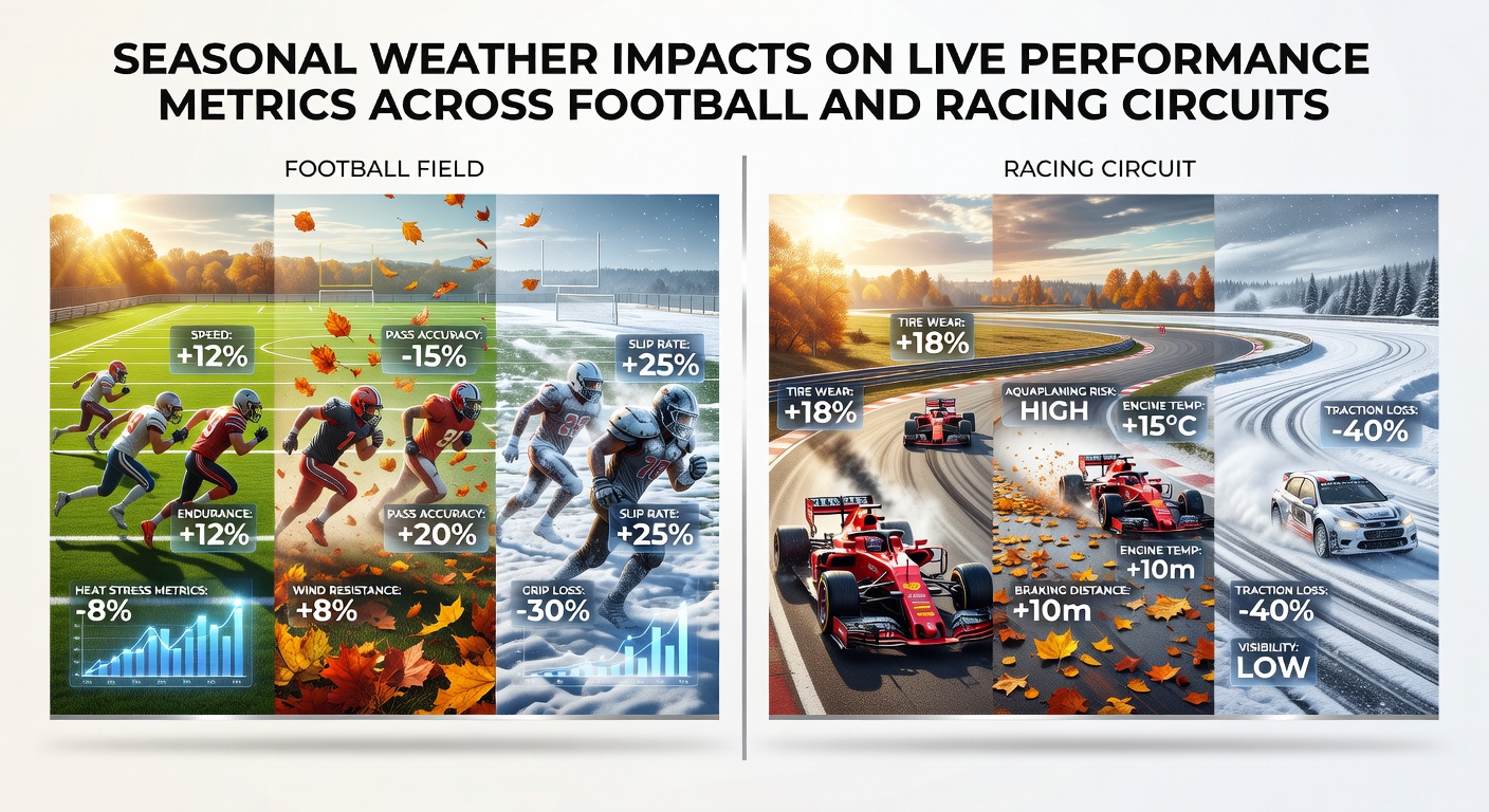 Football pitch under varying weather conditions with data overlays showing player performance metrics