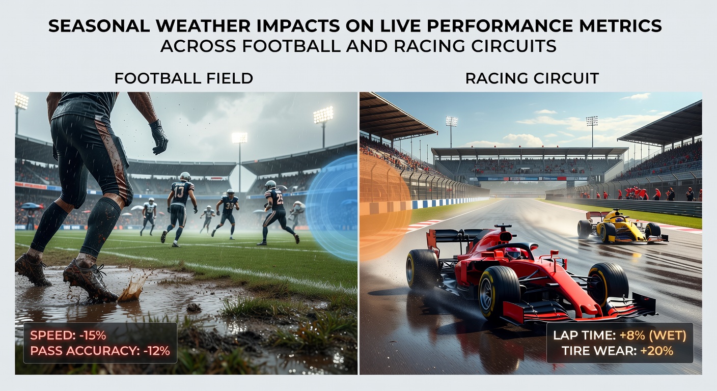 Racing circuit with autumn weather elements and overlaid telemetry data on vehicle performance