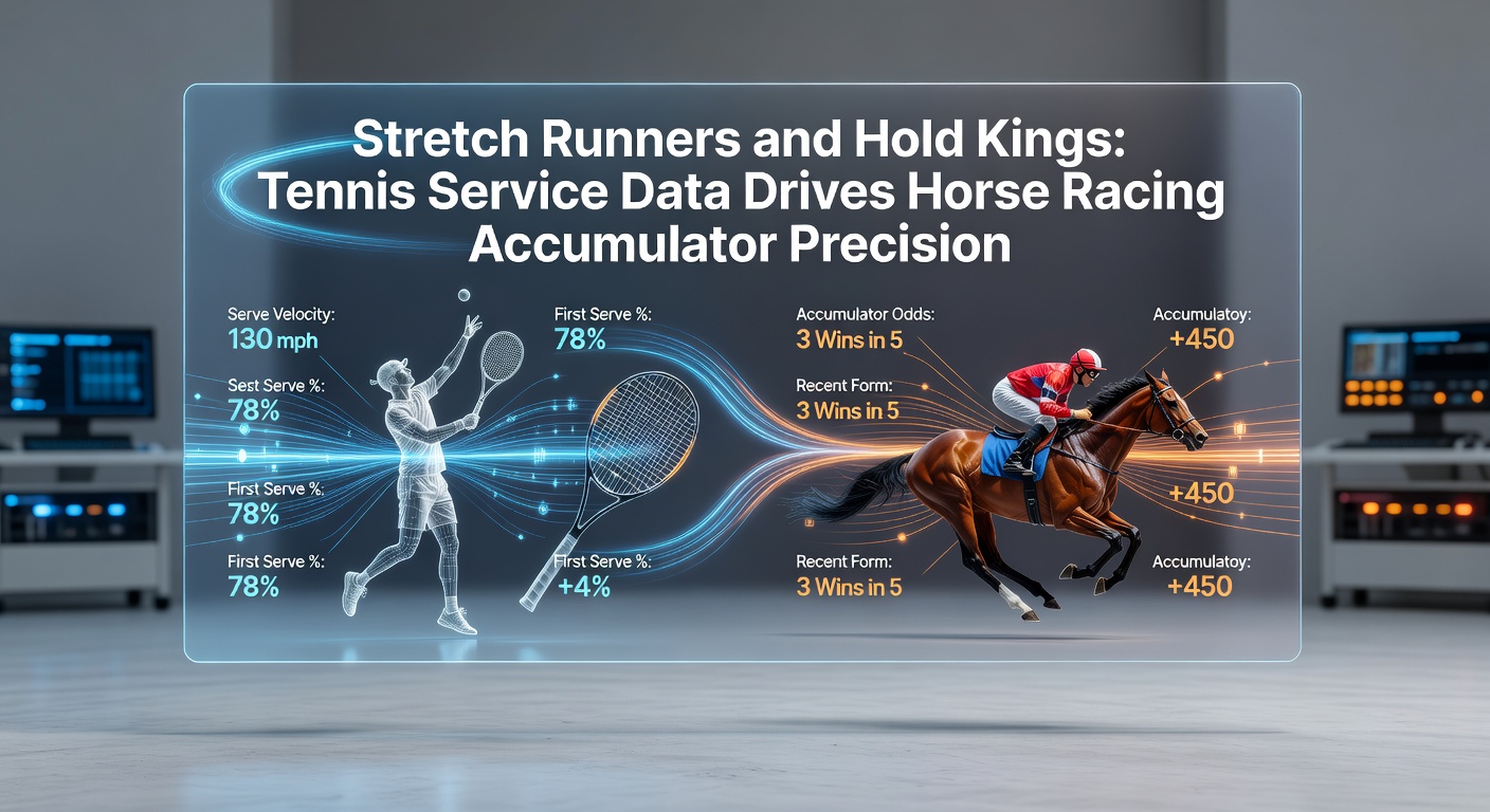 A dynamic split-image showing a horse stretching down the final furlong alongside a tennis player dominating a service game on clay courts, highlighting the fusion of racing stamina and serve hold precision