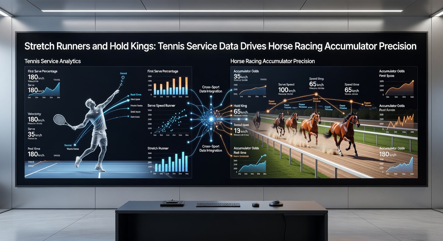 Infographic overlay of tennis serve hold stats graphed against horse racing stretch runner closing speeds, with icons of aces and galloping hooves merging into an accumulator payout chart