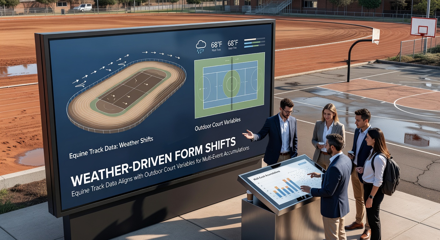 Horse racing track conditions changing under rainy weather alongside tennis court surface analysis