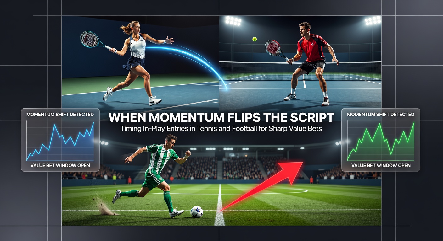 Football players battling for possession in a tense in-play moment, illustrating a momentum shift with fans on edge